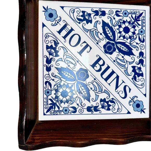 Vintage Blue & White “Hot Buns” Tile Trivet with Wood Frame Kitchen Decor - Picture 7 of 11